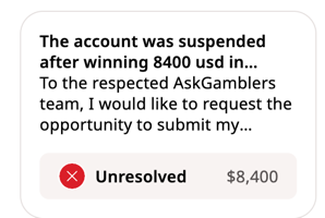 AskGamblers complaint: account suspended after winning 8,400 USD, unresolved