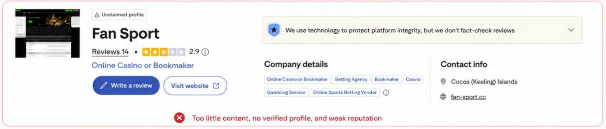 Fan Sport Trustpilot profile: unclaimed, 14 reviews, 2.9 rating