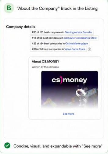 B: “About the company” block in the listing